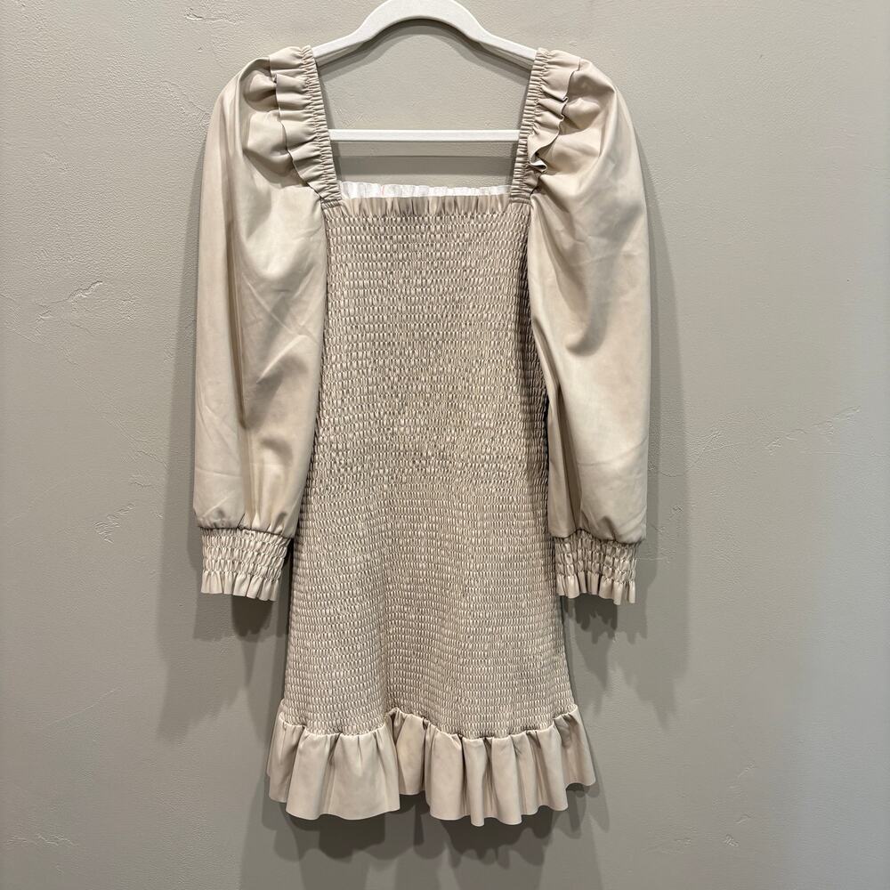 7 For All Mankind Smocked Faux Leather Mini Dress in Cream Bone - Size: Medium